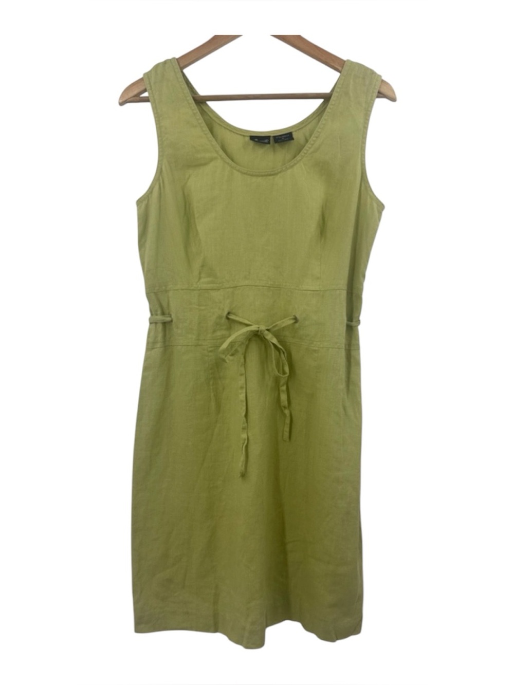 Linen shift dress summer spring green sleeveless midi drawstring waist womens